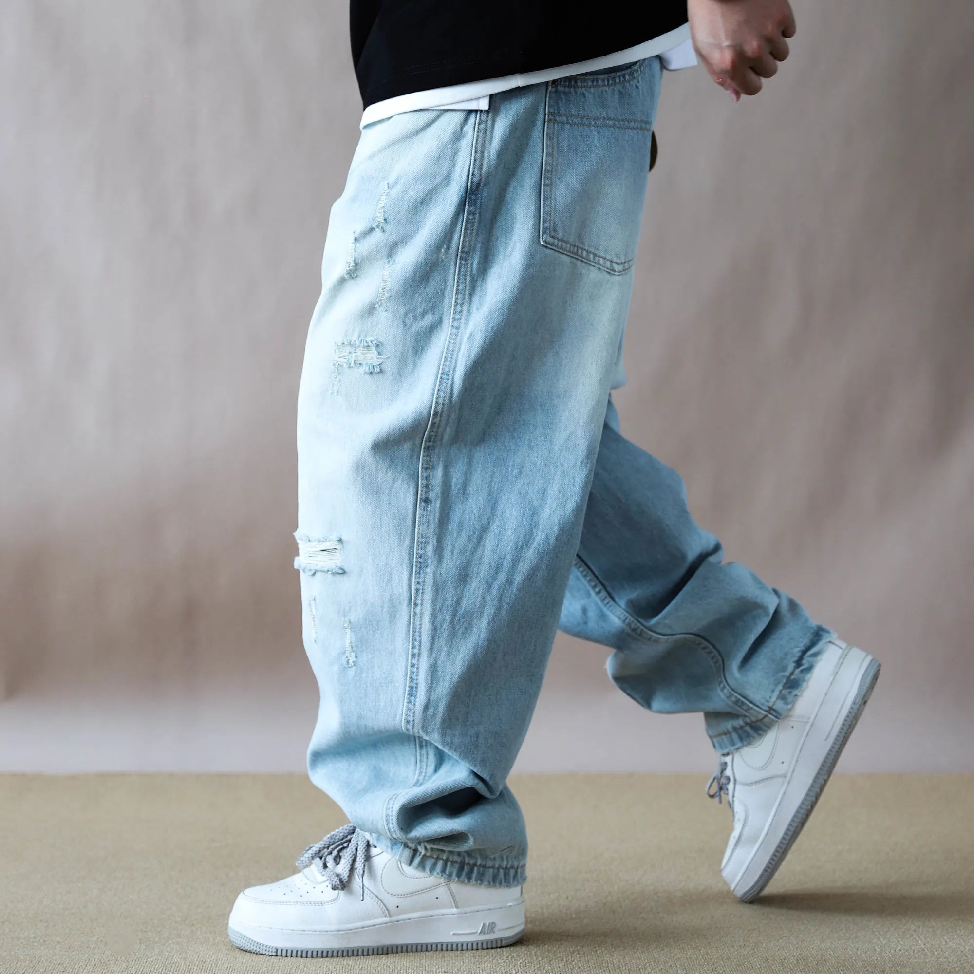 Mens Jeans American Vintage Light Blue Washed Distressed Ripped Patch Baggy Loose Curved Tapered Denim Pants Streetwear Hip Hop