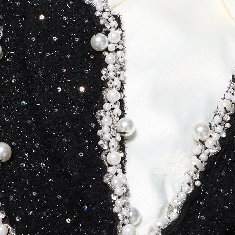 2025 Dress Women Female Clothing Fashion Summer New Sequined Contrast Color Heavy Beading Slim Fit Long Sleeve A-line Dress
