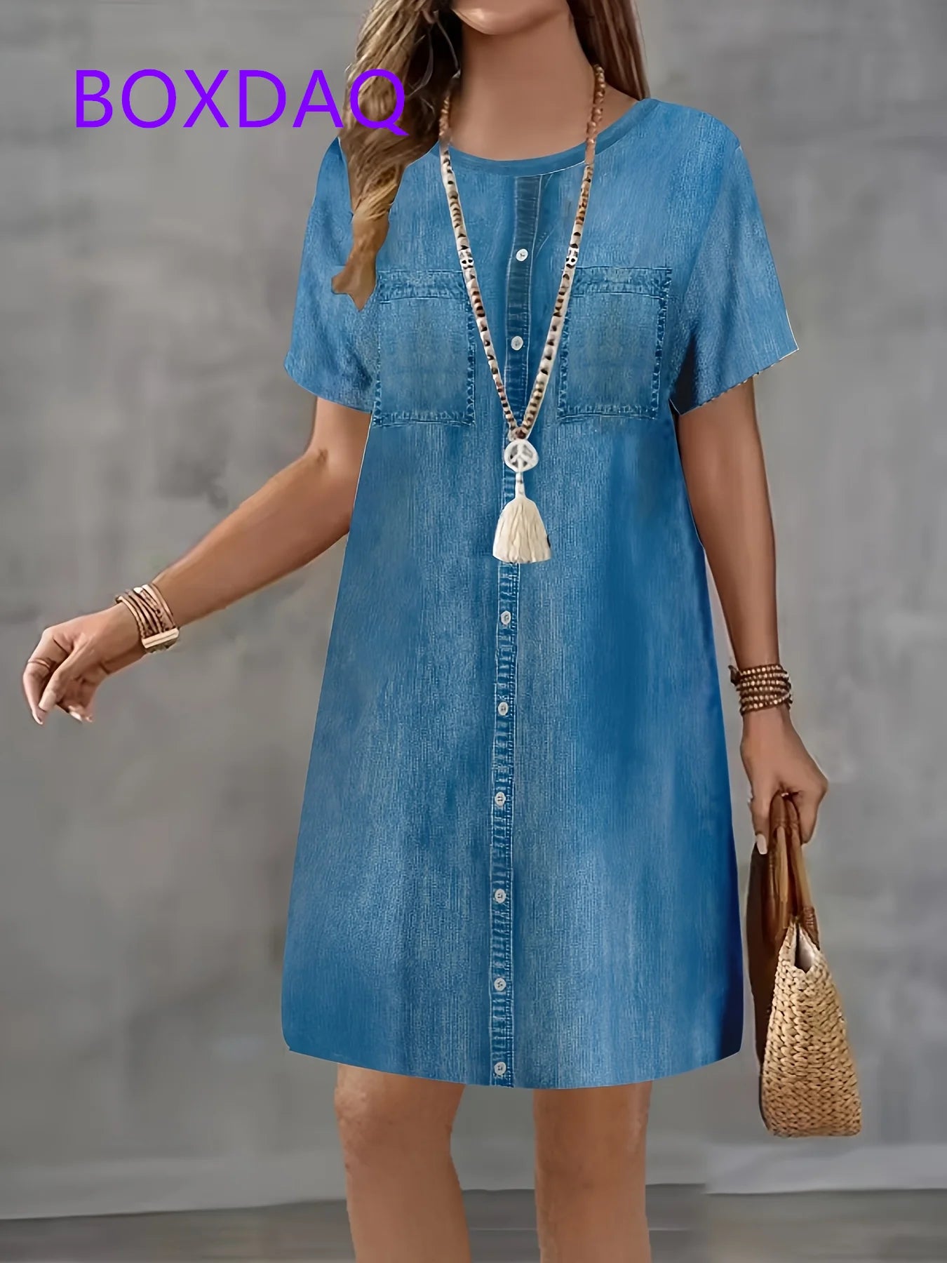 Fashion Trend 3D Imitation Denim Pattern Women's Dress New Summer Street Denim Flower Print Short Sleeve Loose Casual Mini Dress