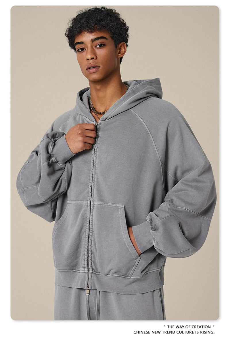 ZODF Heavy Wieght 480gsm Washed Cotton Boxy Zipper Hoodies For Man Unisex Retro Patchwork Off Shoulder Hooded Coats HY1152