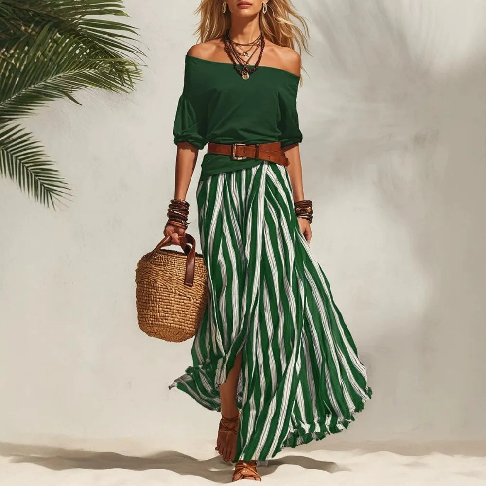 Women Multiple Colors Off Shoulder Puff Sleeve Top Vertical Stripe Flowy Maxi Skirt 2 Piece Outfit Loose Casual Vacation Set