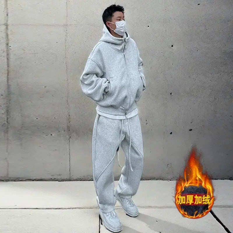 Casual Sports Suit Men's Velvet Thickened Loose Hooded Jacket Sweatshirt Sweatpants Two-piece Set
