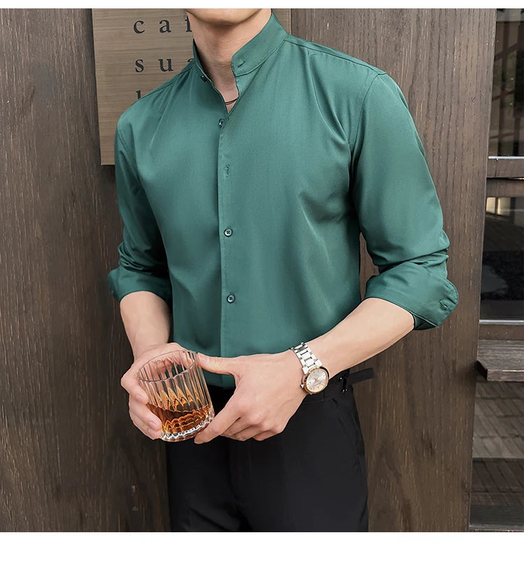 Business Dress white Shirt for Men 2026 British style Long Sleeved Solid Color Casual Elastic Slim Fit Shirt for Men's Clothing