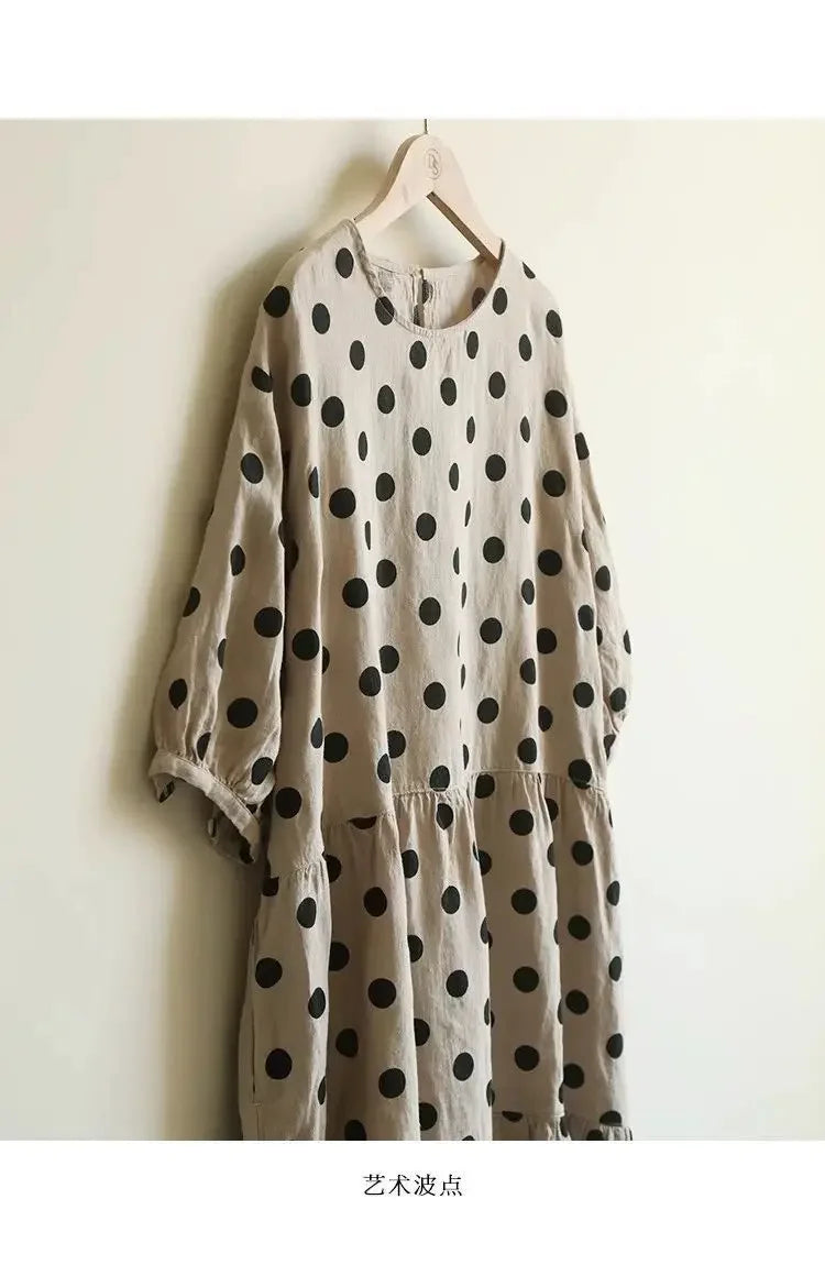 Fashion Retro Cotton and Linen Polka Dot Dress for Women Loose Slim Puff Sleeve Linen Doll Skirt
