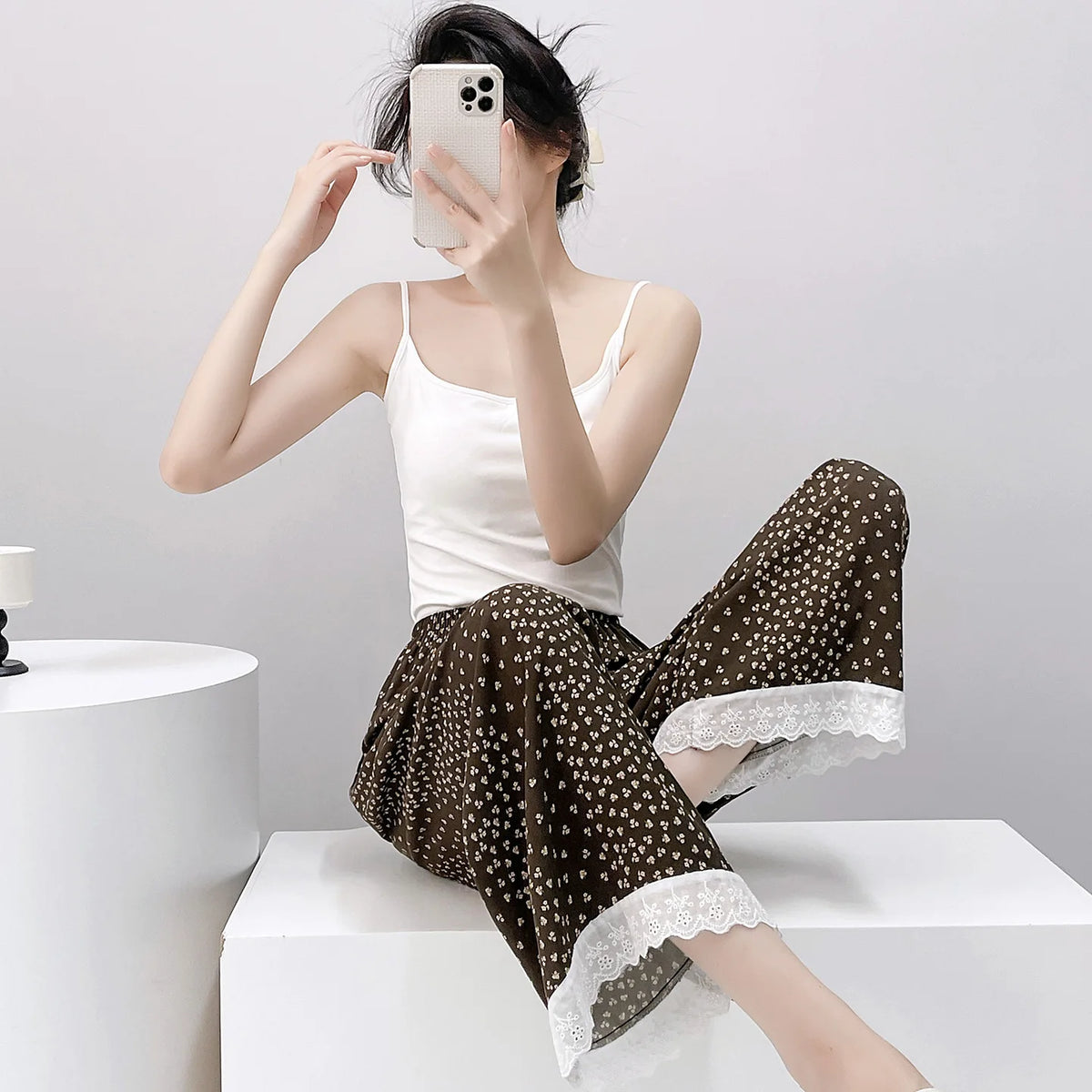 Women Viscose Casual Trousers With Lace Loose Pajamas Home Pants Thin Wide Leg Pants Fashion Oversized Sleep Bottom Korean Pants