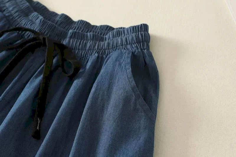Denim Shorts Women Summer Wear Vintage Drawstring Elastic Waist Ruffle Wide Leg Pants Casual Loose Jean Shorts Women Clothing