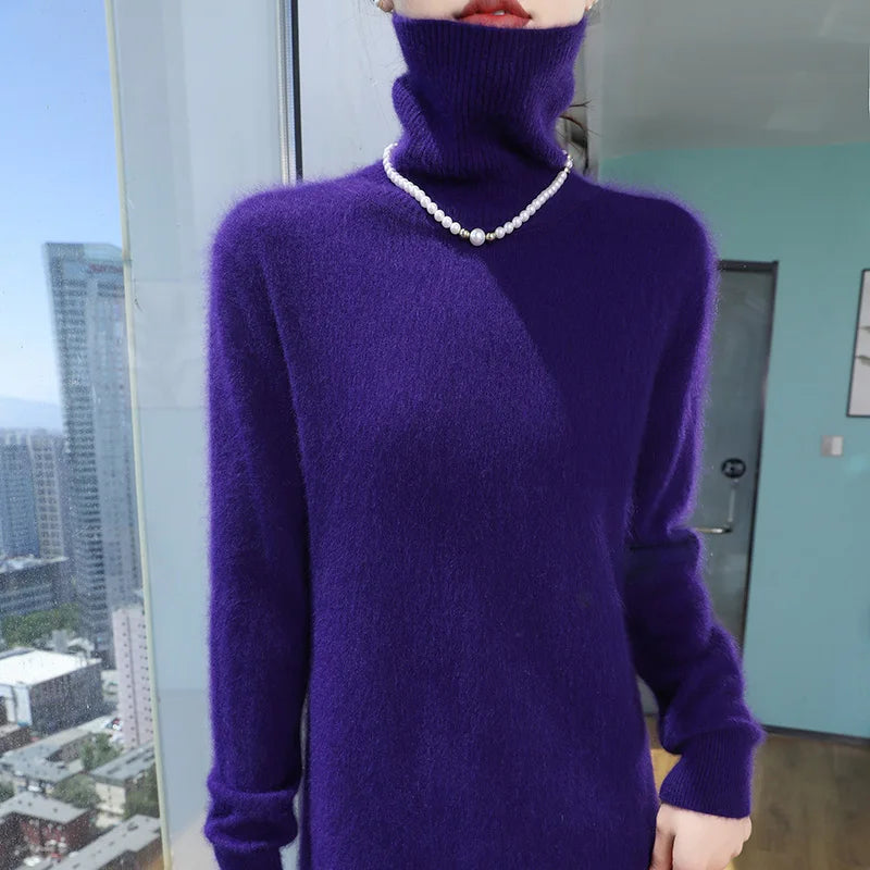 New Hot Selling 100% Mink Cashmere Knitted Women's High Neck Pullover Dress Sweater Slim Fit Solid Color Long Women's Dress