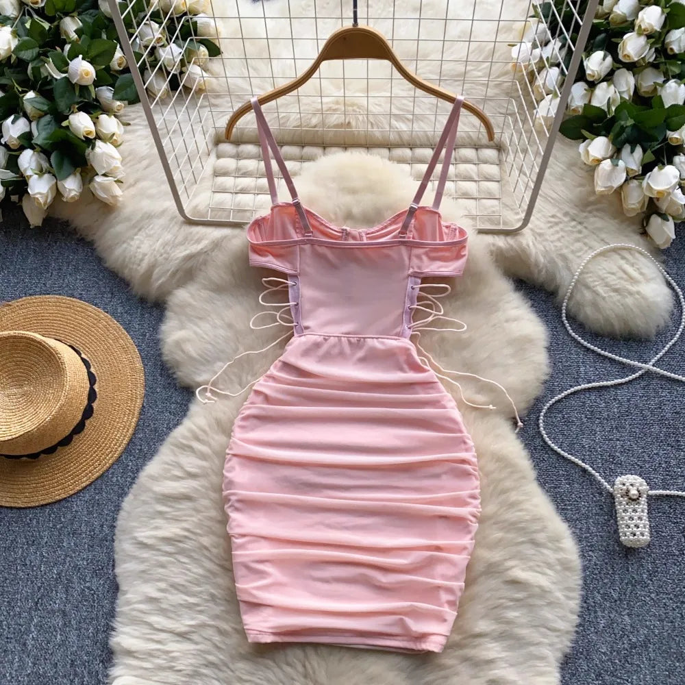 Foamlina Ins Sexy Hollow Out Sling Dress with Exposed Waist Bandage Pleated Slim Fit Bodyocn Girl's Photo Date Short Dress