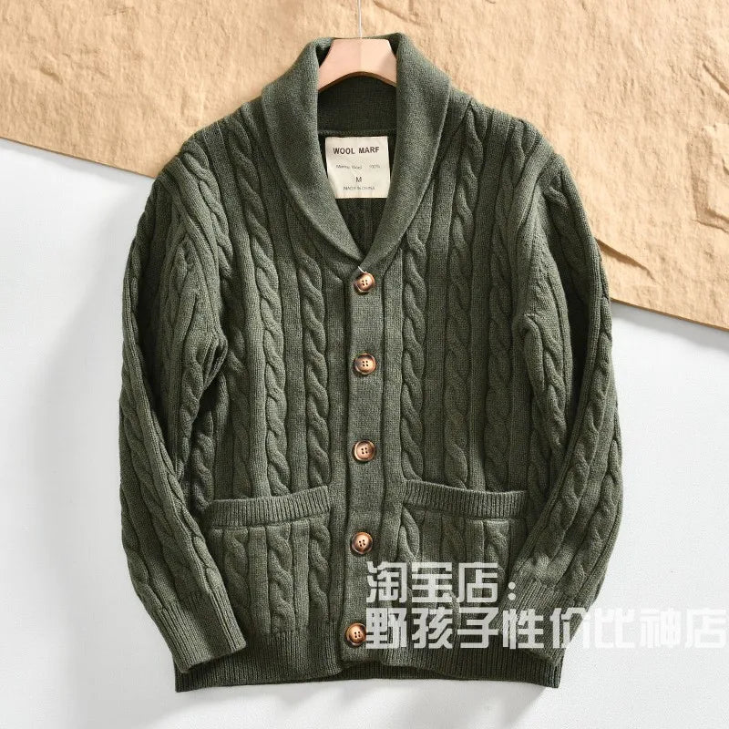 100% Wool Men's Scandinavian Style Shawl Collar Cardigan Nordic Knit Sweater Jacket for Autumn/Winter