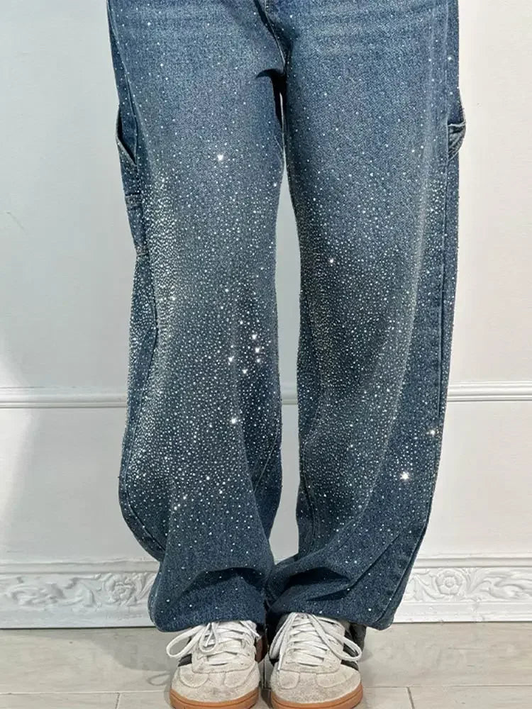 Shiny Rhinestone Baggy Women's Wide Leg Jeans Full Diamond Wide Leg Dragging Denim Pants Vintage Washed Pants Casual Trousers