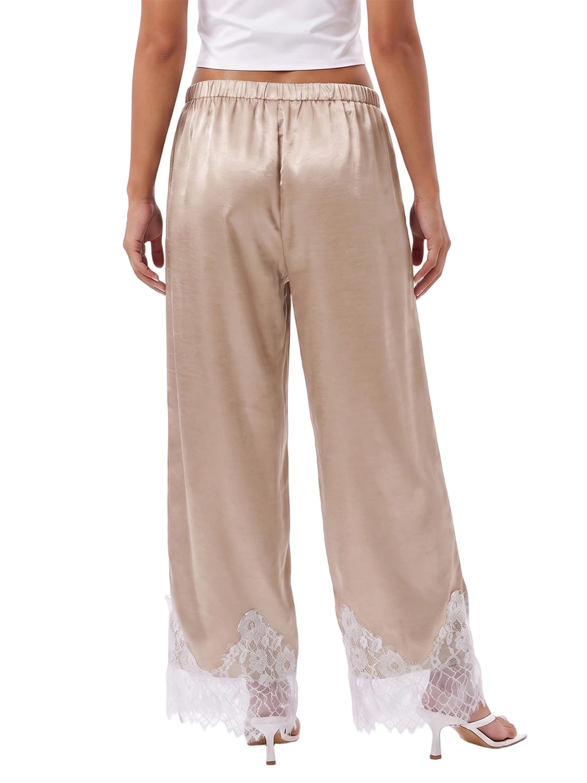 Lace Trim Wide Leg Pants for Women Casual Loose Stain Elastic Waist Trousers 90s Streetwear Y2K Coquette Bottoms