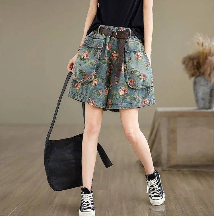 Retro Floral Printed Denim Wide-leg Shorts Women Summer Latest Fashion Baggy Big Size Girl Thin Elastic Waist Jean Short Pants