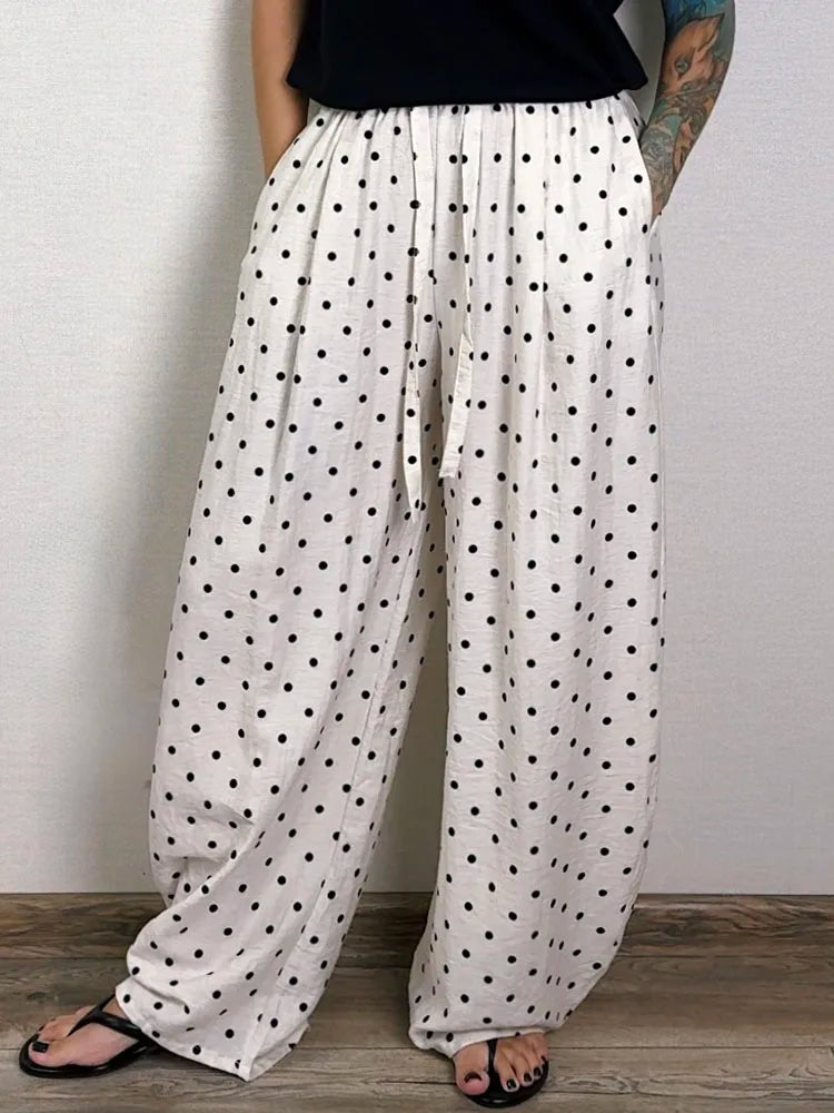 Polka Dot Cotton Linen Pants White Women Wide Leg Summer Spring Baggy Trousers For Woman High  Waist Linen Loose Pants Women