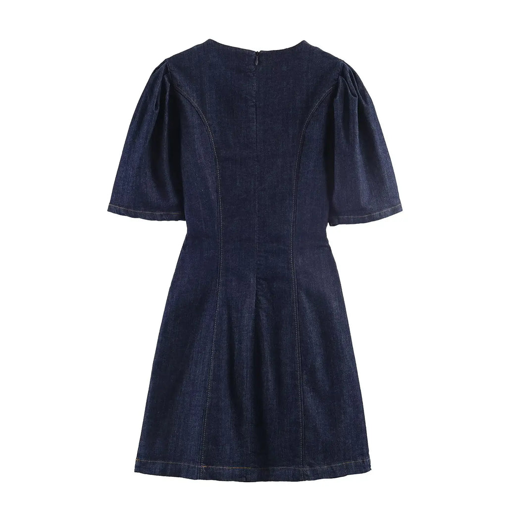 HH Summer Women Fashion O-Neck Bubble Sleeve Denim Dress Back Zipper Sexy Solid Dress Woman Holiday Party Mini 2026 Dress