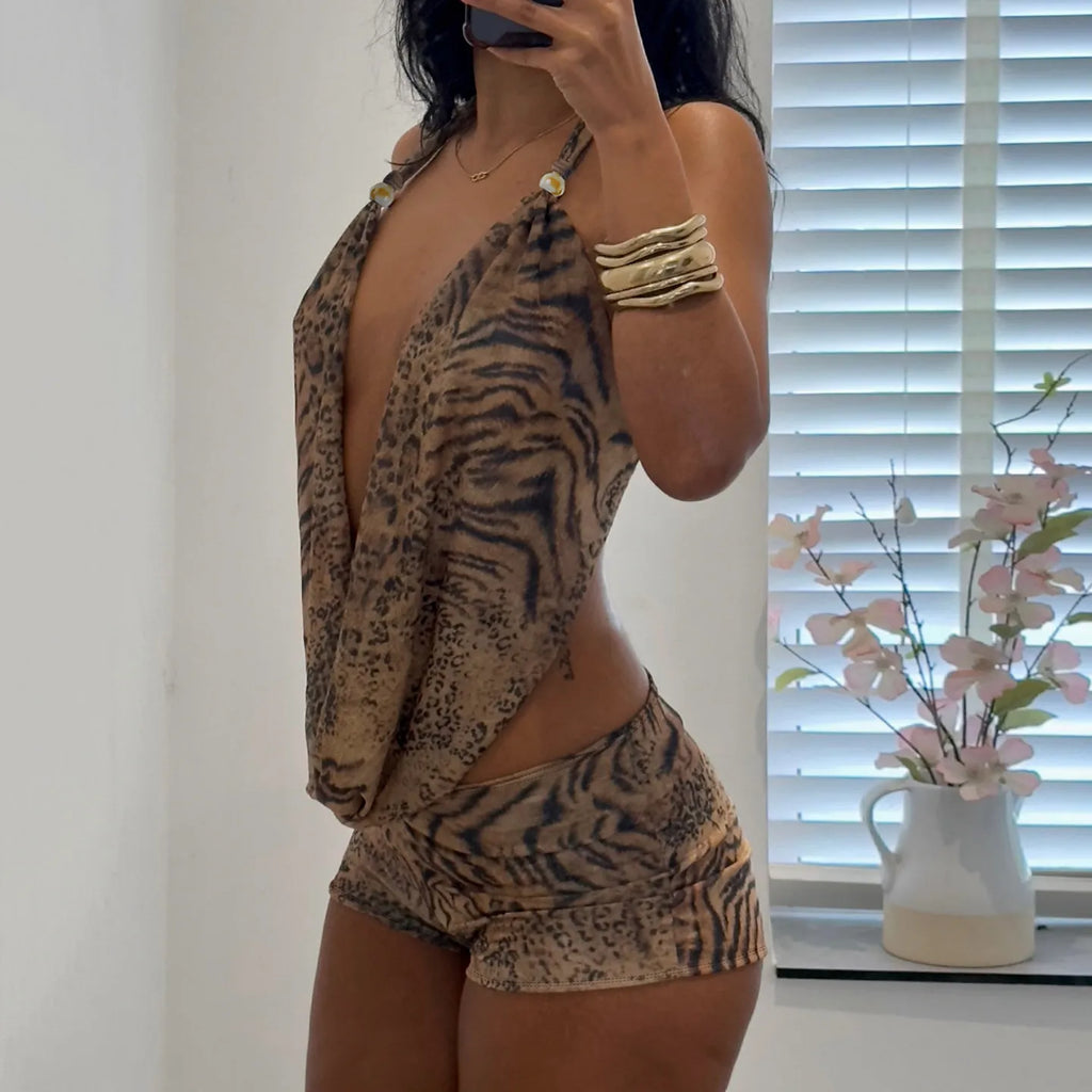Women's Brown Sexy Vintage Fashion Off-shoulder Deep V Leopard Print Set Halter Cami + Low Waist Shorts Two-piece Outfit Summer