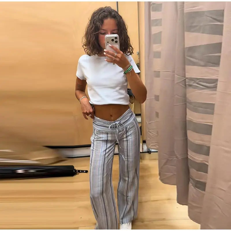 Color Vertical Stripe Women's Wide Leg Pants Folded Wide Waistband Side Thin Drawstring Tie Relaxed Drape Length Casual Pants