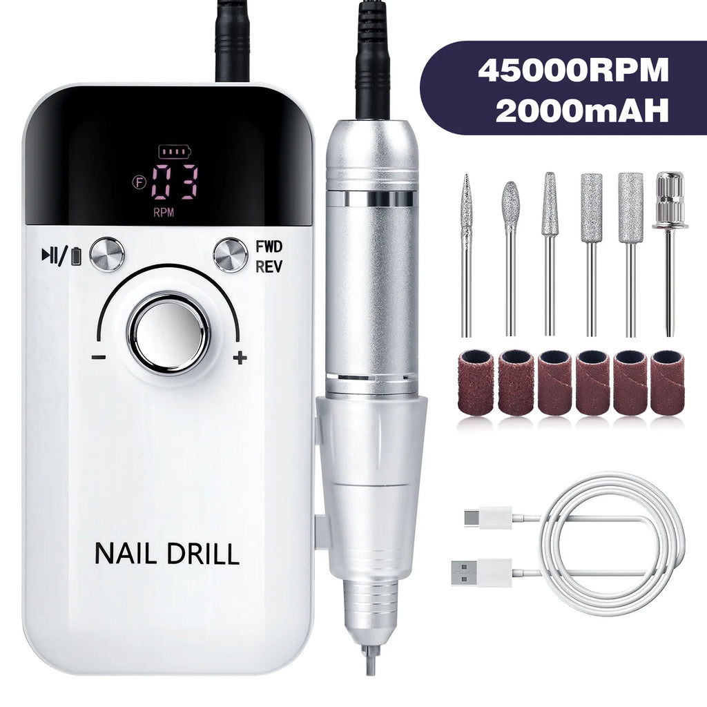Professional Electric Nail Drill 45000 RPM Rechargeable Portable Manicure Pedicure Machine Kit with Bits