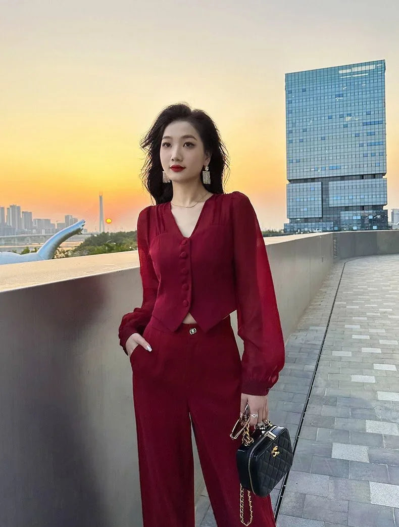 Women Pant Sets for 2 Pieces Red Sexy Holiday Outfits Trousers Woman Spring Autumn Shirt Blouse and Clothing Sales Luxury Full D
