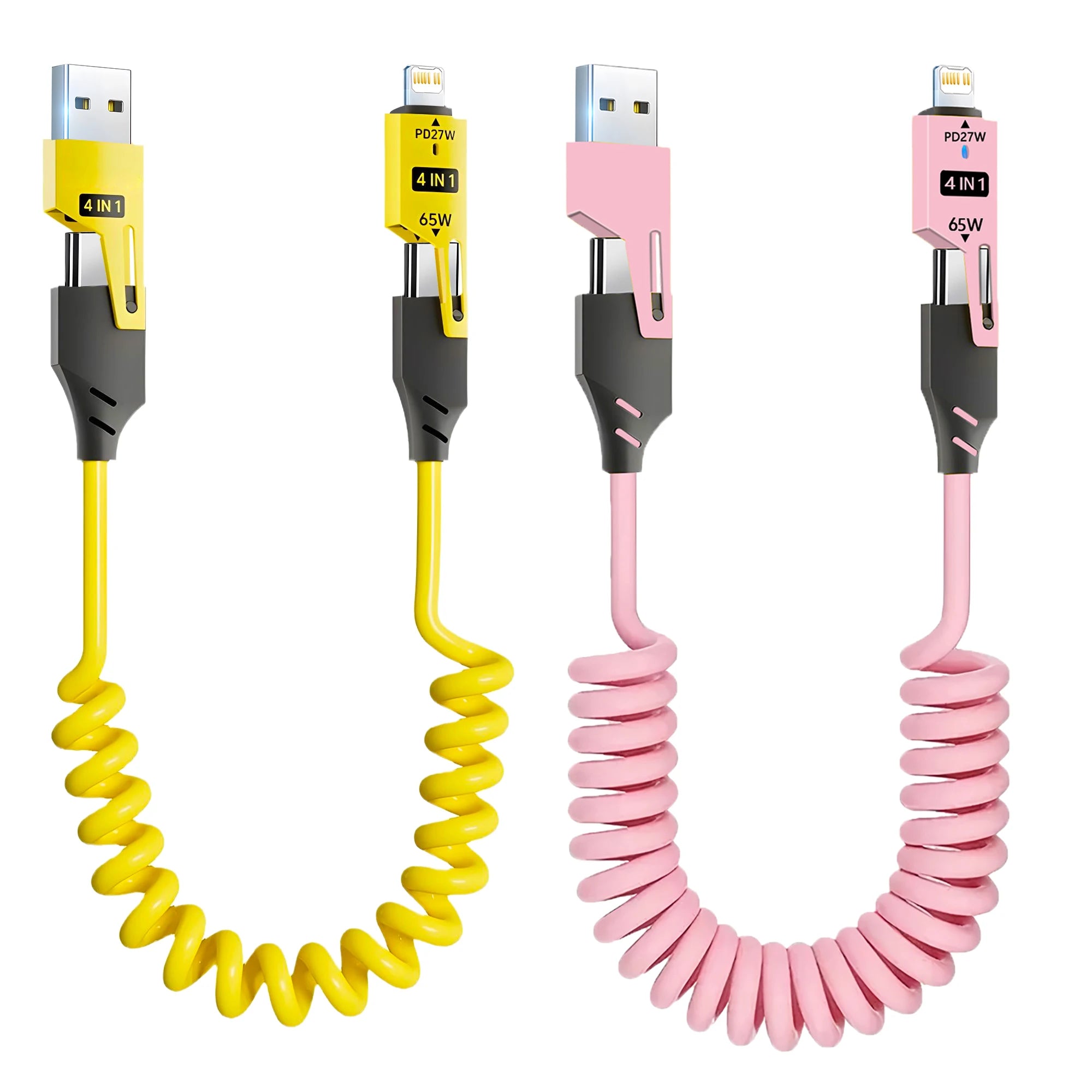 1/2PCS 4-in-1 Spring Data Cable & 65W Quick Charger: 6A USB Type-C Telescopic Wire Compatible with iPhone/iPad/MacBook/Huawei
