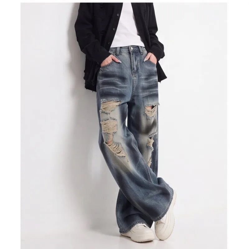 Women Summer Autumn Ripped Wide Leg Floor Length Jeans American Vintage Loose Slim Fit Design Casual Long Denim Trousers