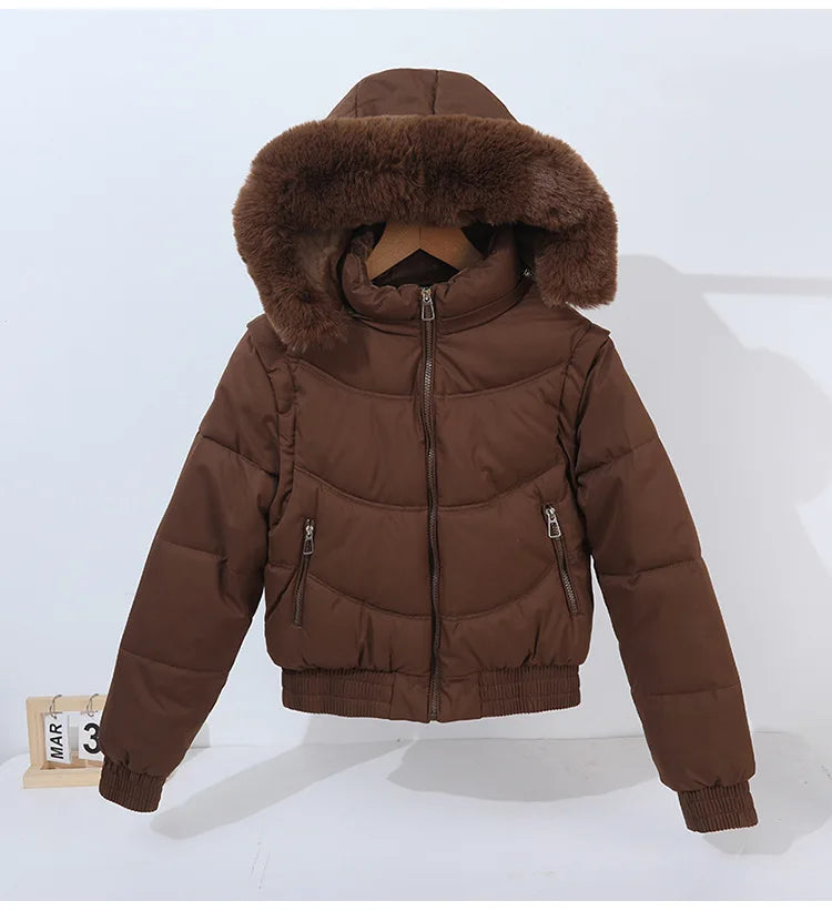 Winter Thickened Short Korean-Style Cotton-Padded Jacket with Fur Collar for Petite Women Warm Coat down Filled