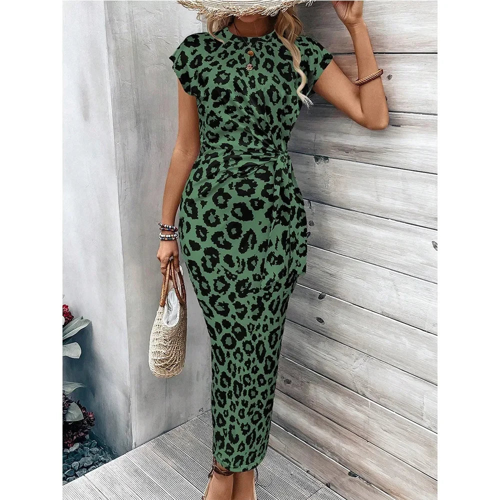 Retro leopard print dress with round neck covered sleeves twisted sides waist cinching, slim fit, hip hugging women's clothing
