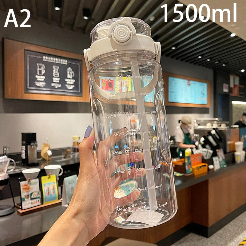 1.5/2Liter Sport Straw Water Bottle With Time Scale Plastic Summer Cold Juice Water Cup Large Capacity Portable Travel Bottles
