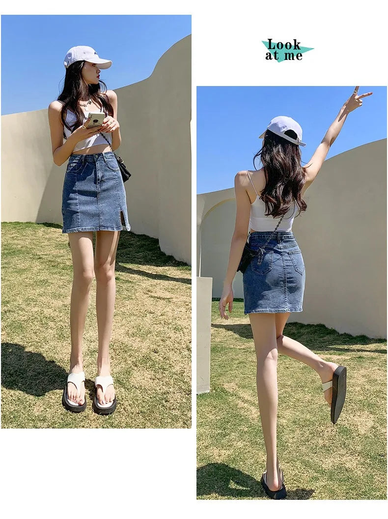 Denim Short Skirt Women's New Summer High Waist Split Half Body Retro Wrapped Hip Skirt  A-line Pant Skirt