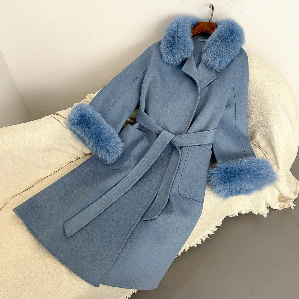 Fox Fur Coat for Women Wool Woolen Natural Real Fox Fur Collar Winter Jacket Ladies Belt Warm Outerwear Streetwear 2024
