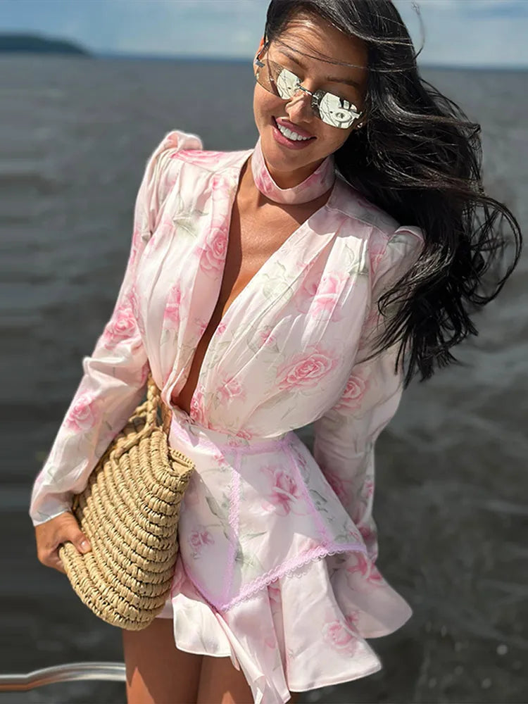 Women Rose Print Dress Puff Long Sleeve Mini Dress Sheer Mesh Ruffle Hem Button Front Fairy Party Short Dresses Summer Wear