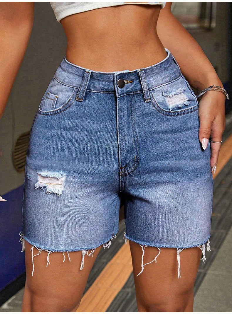 2026 Summer Women's High Stretch Denim Shorts Holes High Waist Tassel Jeans with Pockets Female Streetwear Knee-length Pants