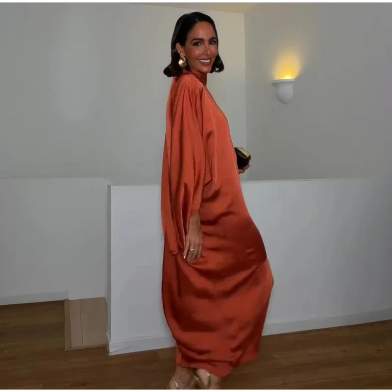 Women Solid Satin Maxi Dress High Neck Batwing Sleeve Loose Fit Front Slit Dresses Lady 2026 Summer Elegant Evening Party Outfit
