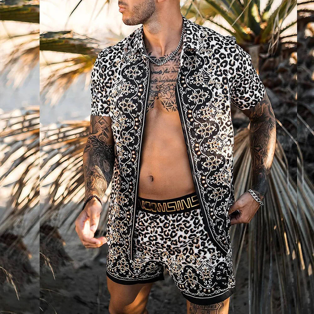 2024 Summer Men's Fashion Leopard Print Short Sleeve Shirt And Shorts Set Beach Style T Shirt Breathable Shorts Two Piece Set