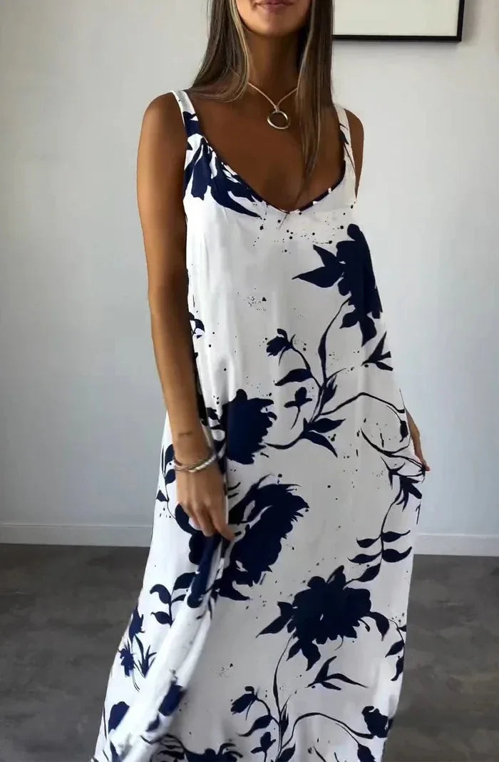 Vestidos Summer Women's Fashionable Printed Camisole Backless Casual Dress 2025 Sexy Women's V-neck Loose Beach Maxi Dresses