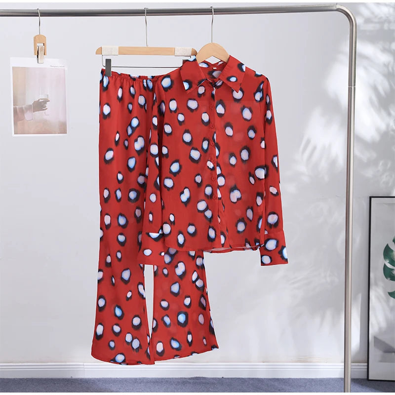 Beach Vacation Printed Shirt Pant Set Women Red See Through Lapel Full Sleeve Button Shirts Pants Suit 2026 Summer Casual Outfit