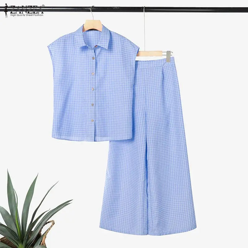 2026 ZANZEA Summer 2 Pieces Sets Elegant Lapel Neck Sleeveless Shirt Pant Sets Plaid Tracksuit Stylish Women OL Work Outfits