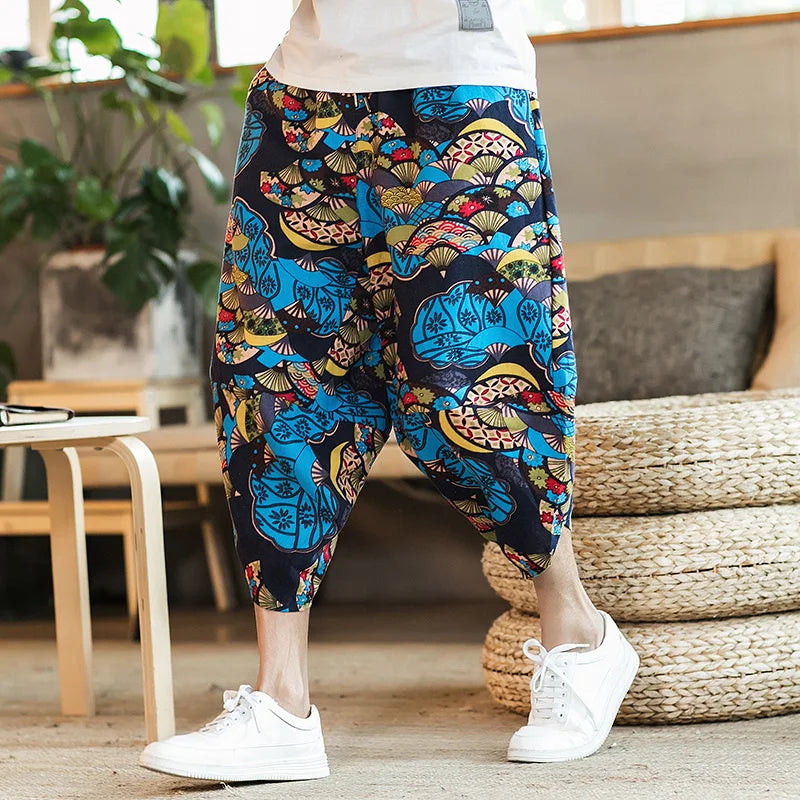 Men's Casual Cotton Linen Seven-Foot Pants Summer plus Size Lantern Loose Fit Shorts Harlan Style Comfortable Breathable Leis...