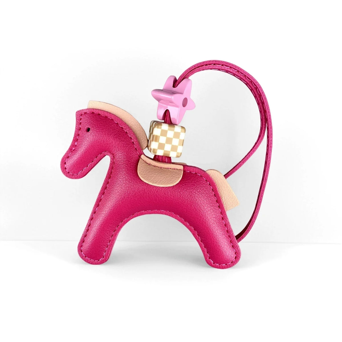 Chic PU Leather Pony Bag Charm, Lucky Clover & Checkered Bead Pendant, Y2K Boho Purse Accessory, Gift for Her