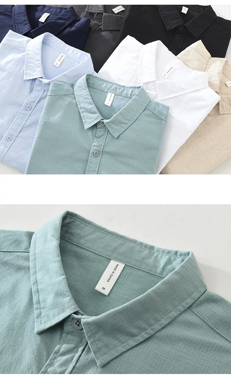 7369 Cotton Linen White Shirt for Men Good Quality Solid Color Simple Basic Long Sleeve Loose Casual Lapel Blouse Breathable Top
