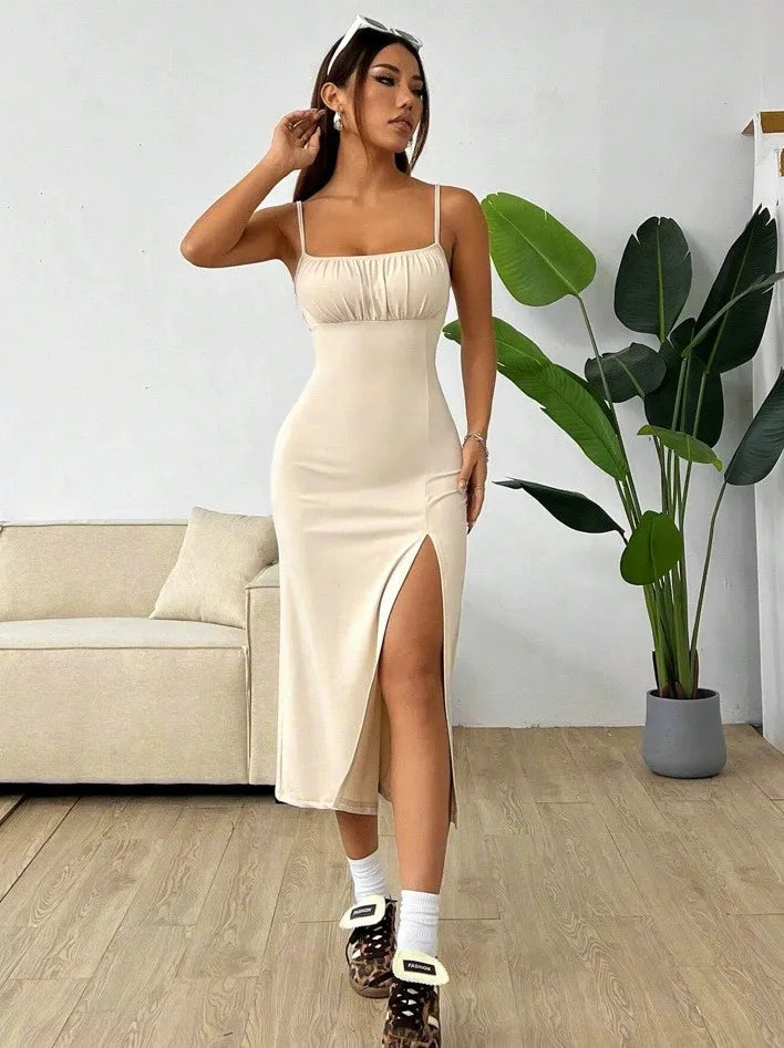 Elegant Women's Sleeveless Spaghetti Strap Long Leopard Print High Slit Backless Ruched Elastic Waist Sexy Party Dress for Women