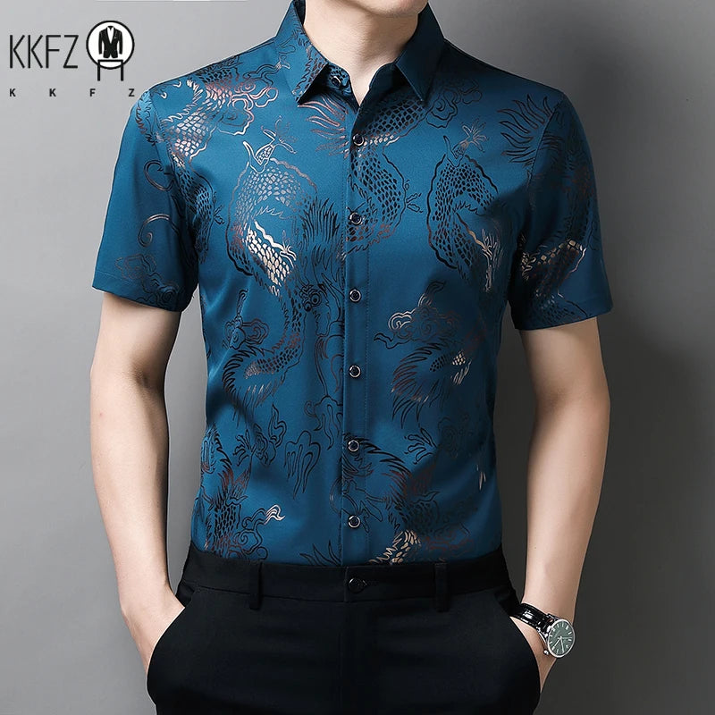 New Men's Casual Printed Short Sleeved Lapel Shirt for Summer Fashion Comfort No Ironing Wrinkle Resistant Top