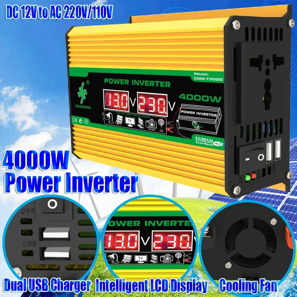 4000W Solar Inverter Portable Power Bank DC 12V to AC 110/220V Dual USB LCD Display Car Converter for Camping RV Universal Plug