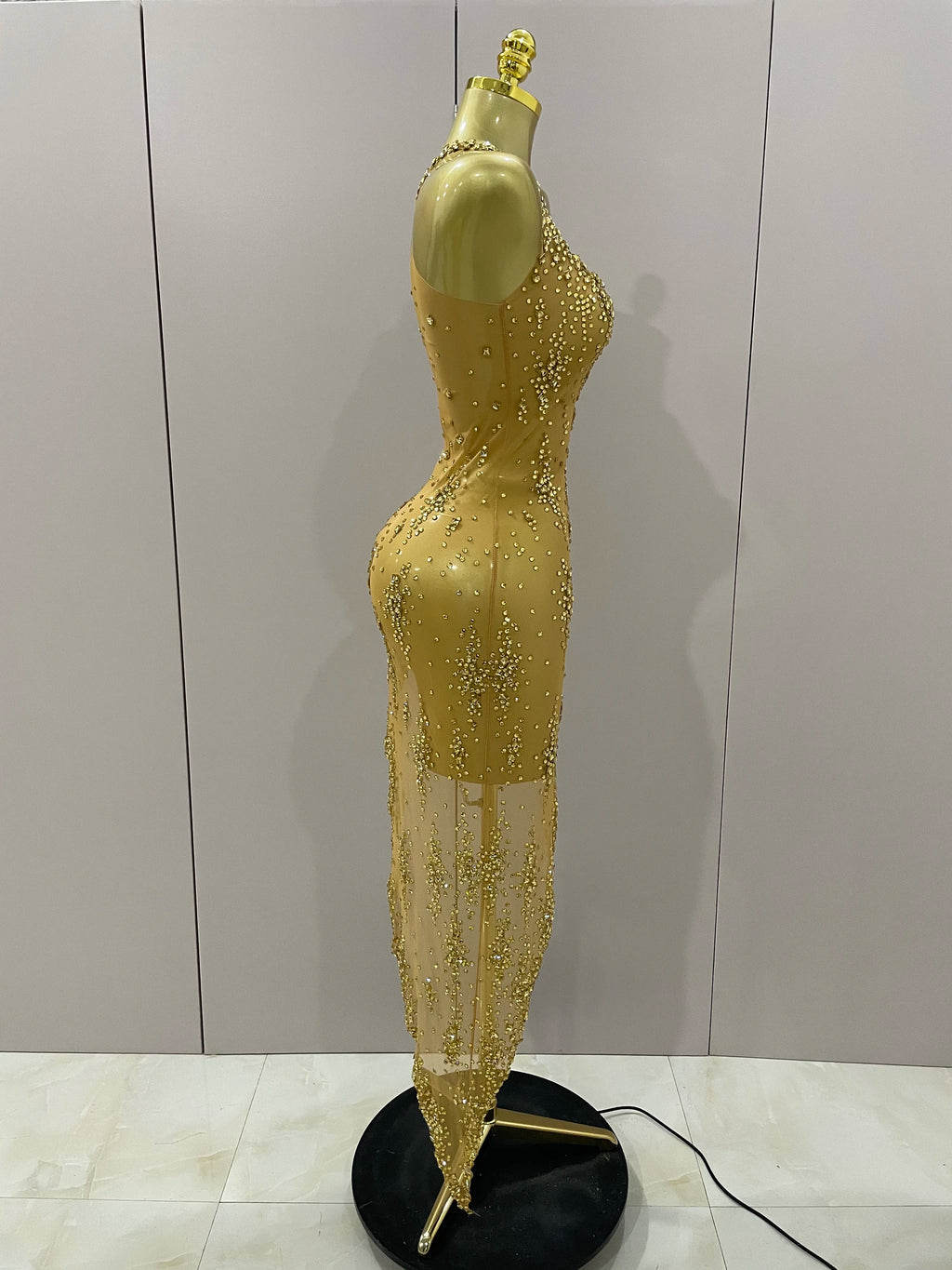 2025 New Sparkly Rhinestone V Neck Stretch Mesh Sexy See Through Dress Women Elegant Party Celebrate Perform Costume Stage Outfi