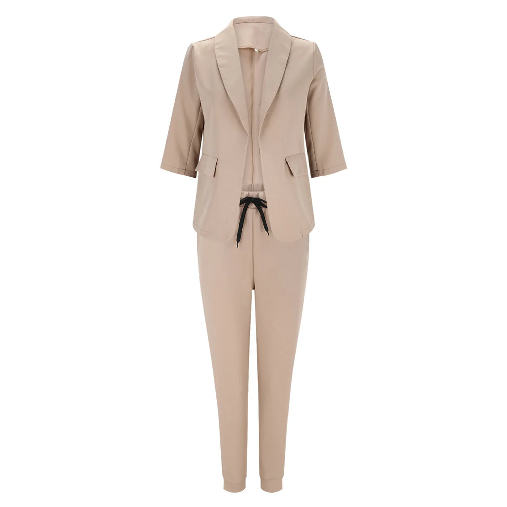 2024 Women's Two Piece Pant Suit Set Outfits Spring Autumn Turn Down Print Blazer Coat Drawstring Pants Suit Women Casual Sets