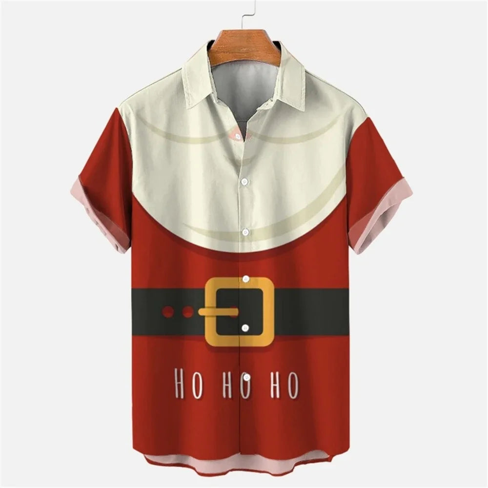 New Christmas Graphic Santa Claus Cosplay Men Shirts Hawaiian Harajuku Tops Short Print Tee Lapel Fashion Holiday Clothing
