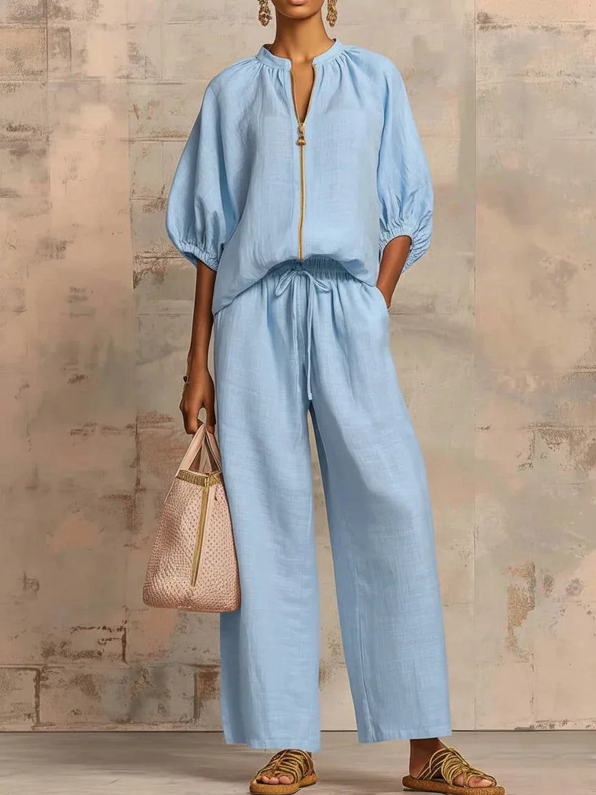 Women Solid 2 Piece Set Chic Laple Zipper Puff Sleeve Top + Wide Leg Pants Outfit Casual Matching Set for Vacation Daily Wear