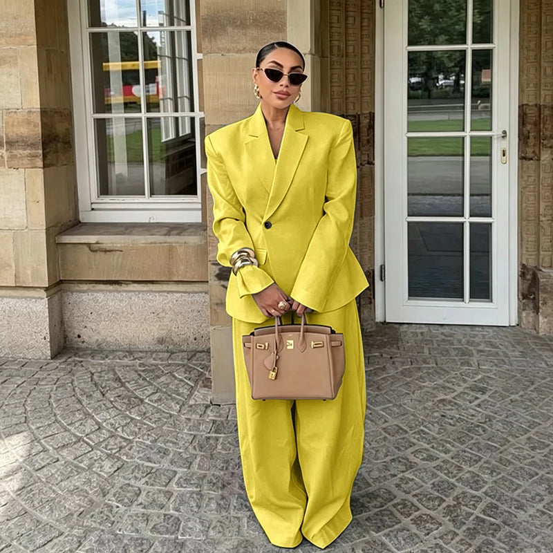 Chic White Wide-leg Pant Single Breasted Women Pants Set New Female Two Pieces(Blazer+Trousers) Conjuntos Femininos Elegantes