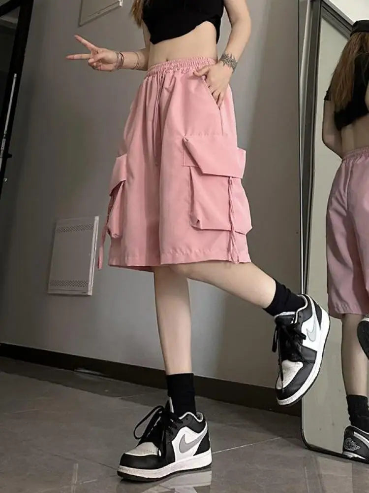 Gidyq Women High Waist Cargo Shorts American Style Streetwear Summer Wide Leg Pants Fashion Female Big Pocket Loose Shorts New