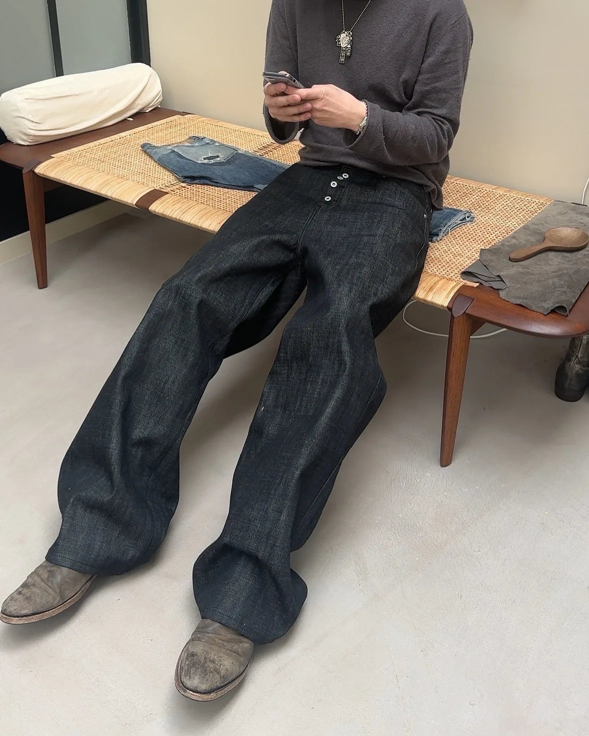 Japanese Raw Denim Loose Fit Jeans Classic Unwashed Cotton Workwear Baggy Trousers for Men