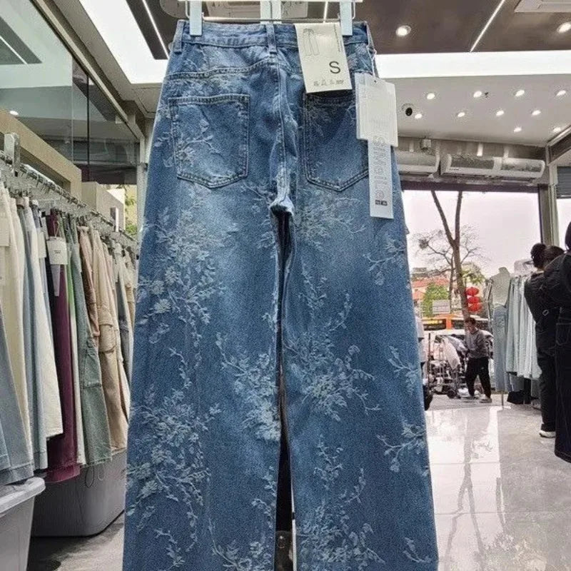 Korean Niche Jacquard Wide-leg Jeans Women Summer Trousers New Design Sense High-waist Casual Straight-leg Floor-length Pants